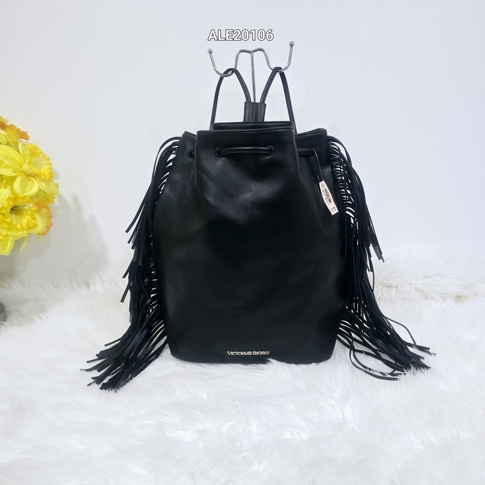 Victoria's Secret Black Fringe Drawstring Backpack